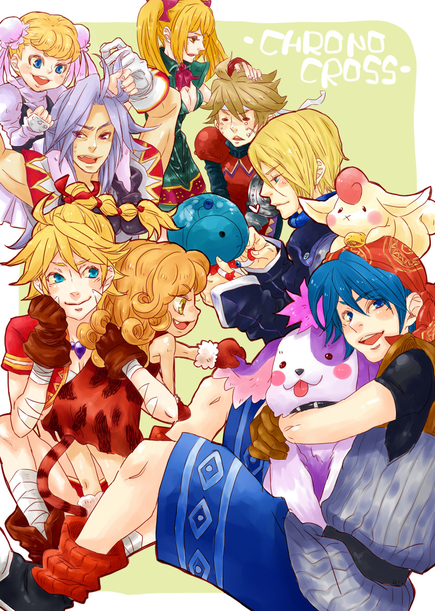 4boys 4girls absurdres aqua_eyes az_mellow bad_id bad_pixiv_id bandages bandana belt blonde_hair blue_eyes blue_hair blunt_bangs breasts chrono_cross cleavage dress glenn_(chrono_cross) gloves high_ponytail highres karsh_(chrono_cross) kid_(chrono_cross) leah_(chrono_cross) long_hair long_sleeves marcy_(chrono_cross) markings medium_breasts multi-tied_hair multiple_boys multiple_girls norris_(chrono_cross) oerba_yun_fang open_mouth orlha_(chrono_cross) pip_(chrono_cross) ponytail poshul_(chrono_cross) purple_eyes ribbon serge_(chrono_cross) shorts silver_hair sitting smile starky_(chrono_cross) twintails yellow_eyes