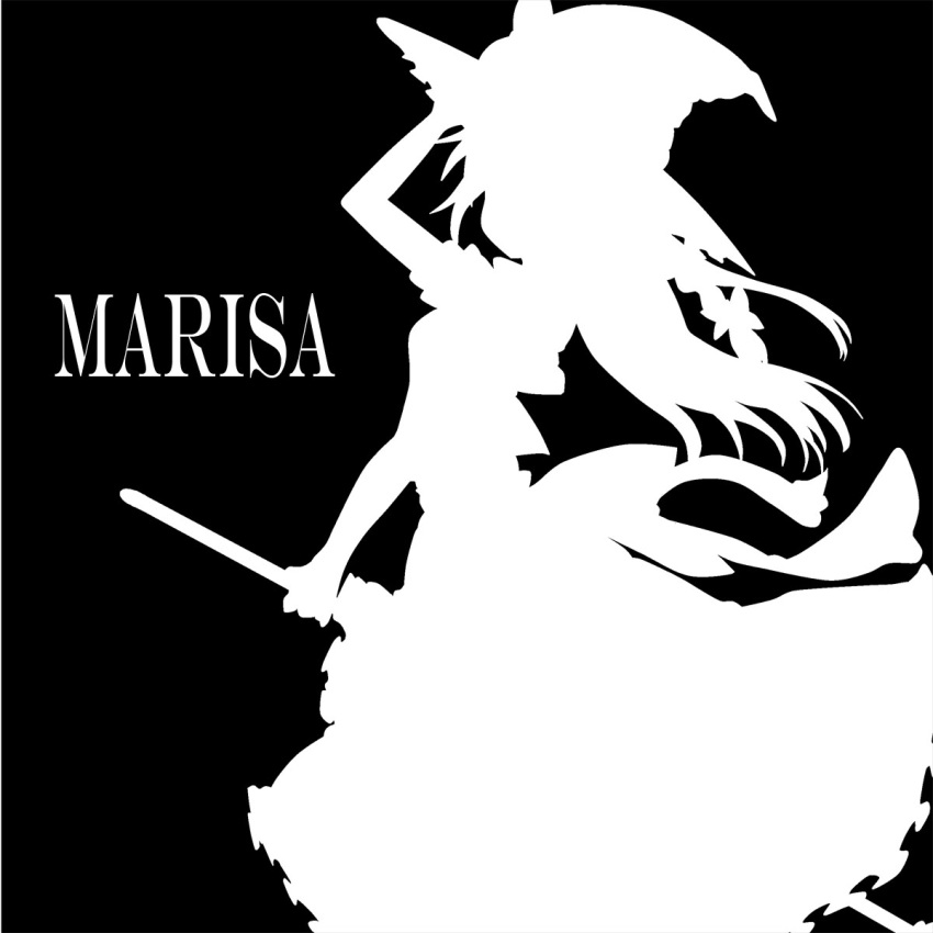 bad_id bad_pixiv_id braid broom character_name female greyscale hat highres kirisame_marisa kitazinger long_hair monochrome photoshop_(medium) ribbon silhouette simple_background single_braid solo touhou witch_hat