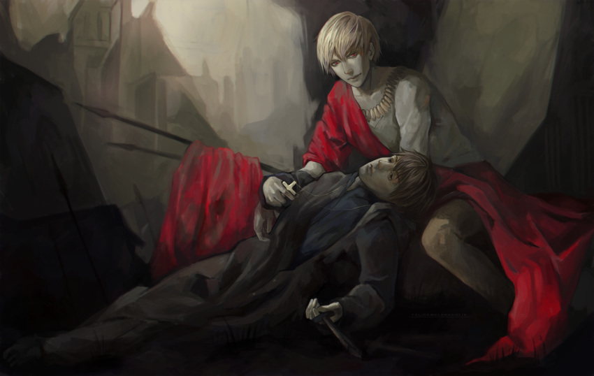 2boys bad_id bad_pixiv_id blonde_hair brown_hair cloth cross dagger fate/zero fate_(series) felice gilgamesh_(fate) holding holding_cross jewelry knife kotomine_kirei male_focus multiple_boys necklace realistic red_eyes weapon