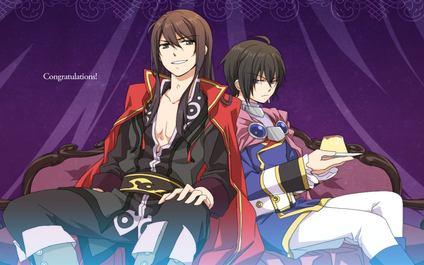 2boys belt black_eyes black_hair boots cape coat commentary_request food frown grin in-franchise_crossover leon_magnus long_hair male_focus multiple_boys pants pudding purple_background purple_eyes red_cape smile tales_of_(series) tales_of_destiny tales_of_vesperia yogura yuri_lowell