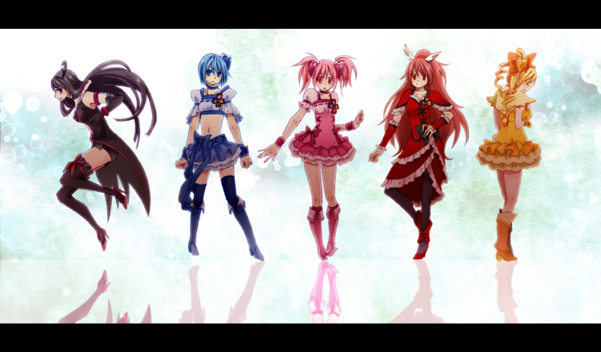 5girls akemi_homura bad_id bad_pixiv_id black_choker black_hair blonde_hair blue_choker blue_eyes blue_footwear blue_hair blue_skirt blue_wrist_cuffs boots bow choker closed_eyes color_connection cosplay cure_berry cure_berry_(cosplay) cure_passion cure_passion_(cosplay) cure_peach cure_peach_(cosplay) cure_pine cure_pine_(cosplay) drill_hair eas_(fresh_precure!) eas_(fresh_precure!)_(cosplay) elbow_gloves fresh_precure! frills gloves hair_ornament heart heart_hair_ornament highres kaname_madoka kitamura_eri knee_boots letterboxed long_hair magical_girl mahou_shoujo_madoka_magica mahou_shoujo_madoka_magica_(anime) midriff miki_sayaka miki_sayaka_(magical_girl) multiple_girls navel noah_(livas) pantyhose parody photoshop_(medium) pink_choker pink_eyes pink_footwear pink_hair pink_wrist_cuffs ponytail precure purple_eyes red_eyes red_hair sakura_kyoko sakura_kyoko_(magical_girl) short_hair short_twintails shorts skirt thighhighs tomoe_mami twin_drills twintails voice_actor_connection waist_bow white_choker wide_ponytail wrist_cuffs zettai_ryouiki