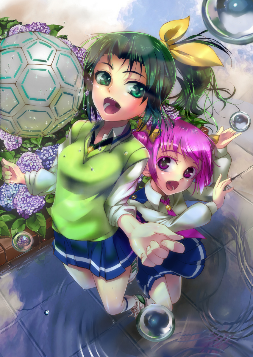 2girls ball colored_eyelashes commentary_request flower green_eyes green_hair high_ponytail highres hoshizora_miyuki houen hydrangea midorikawa_nao multiple_girls nanairogaoka_middle_school_uniform necktie pink_eyes pink_hair pink_necktie ponytail precure rain school_uniform serafuku short_hair sleeves_rolled_up smile smile_precure soccer_ball sweater_vest