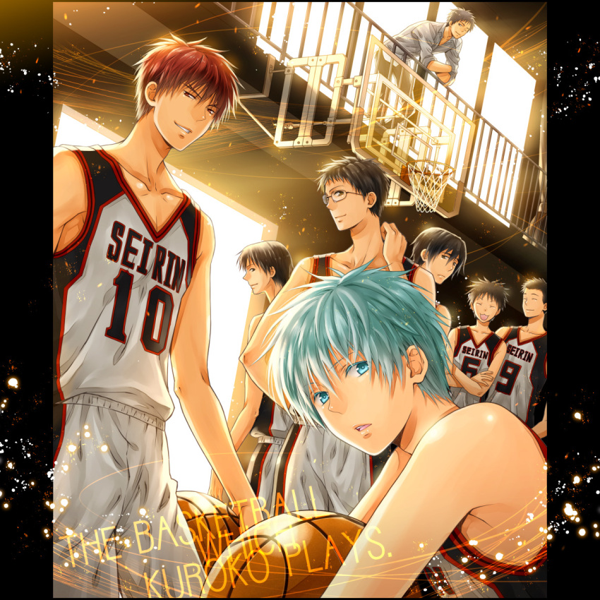 6+boys bad_id bad_pixiv_id ball basketball basketball_(object) basketball_uniform black_hair blue_eyes blue_hair brown_eyes brown_hair glasses grin highres hyuuga_junpei izuki_shun kagami_taiga kiyoshi_teppei koganei_shinji kuroko_no_basuke kuroko_tetsuya male_focus mitobe_rinnosuke multiple_boys open_mouth school_uniform short_hair smile sportswear yuuno_(yukioka)