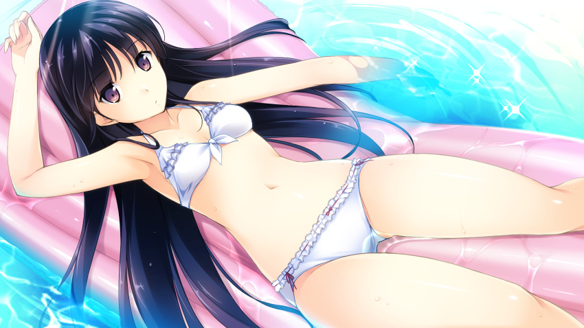 bikini black_hair bow bow_bikini female frilled_bikini frills game_cg habane_kotori highres inflatable_raft kono_oozora_ni_tsubasa_wo_hirogete long_hair looking_at_viewer lying navel on_back purple_eyes shiny_skin solo swimsuit water wet white_bikini yashima_takahiro