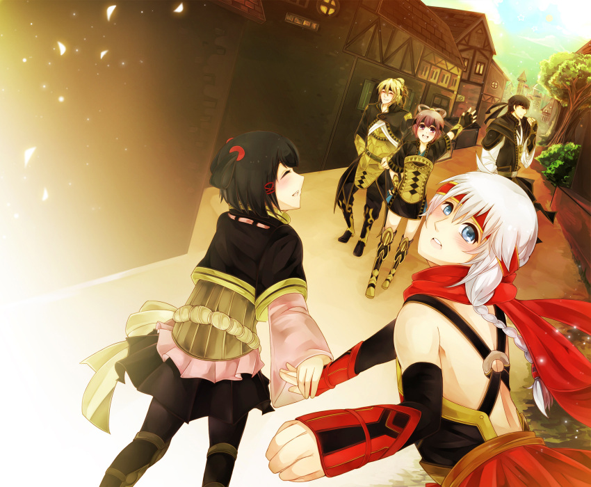 2girls 3boys :d armor black_hair blush boots cake cheesecake closed_eyes commentary_request eating fingerless_gloves food freyjadour_falenas gensou_suikoden gensou_suikoden_v georg_prime gloves hand_on_own_hip headband highres holding_hands kyle_(suikoden) looking_back lyon_(suikoden) miakis_(suikoden) multiple_boys multiple_girls open_mouth pantyhose photoshop_(medium) purple_eyes purple_hair ruminett short_hair skirt smile thigh_boots thighhighs waving