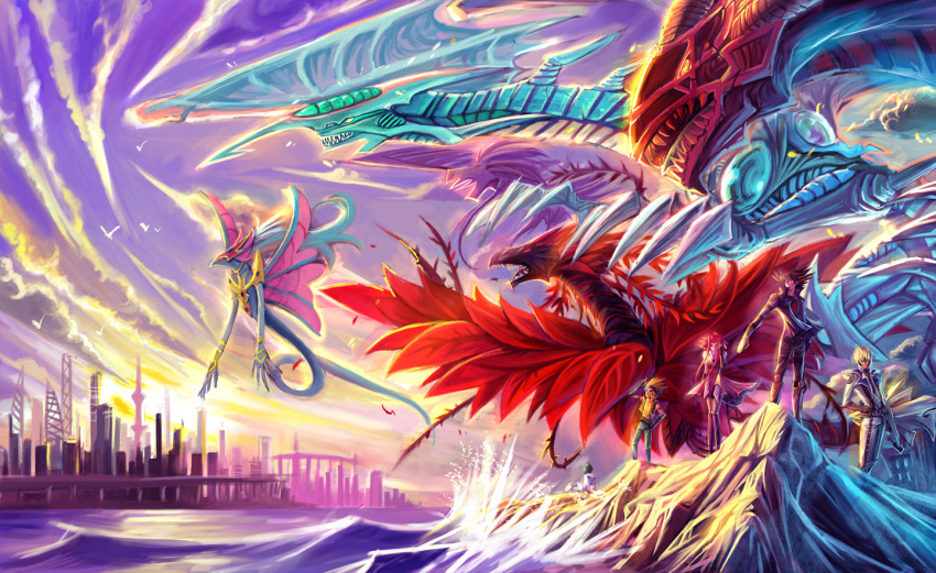 3boys ancient_fairy_dragon black-winged_dragon black_rose_dragon city commentary_request crow_hogan dragon duel_monster female fudo_yusei izayoi_aki jack_atlas jimaoxiaodi luca_(yu-gi-oh!) multiple_boys photoshop_(medium) red_dragon_archfiend stardust_dragon water yu-gi-oh! yu-gi-oh!_5d's