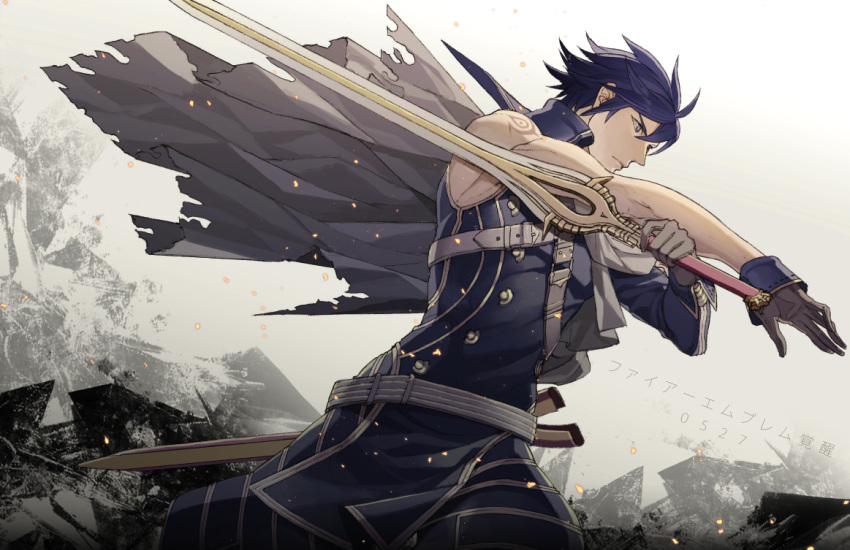 1boy belt birthmark blue_eyes blue_hair cape chrom_(fire_emblem) commentary_request fire_emblem fire_emblem_awakening gloves jou_(mono) male_focus solo sword weapon