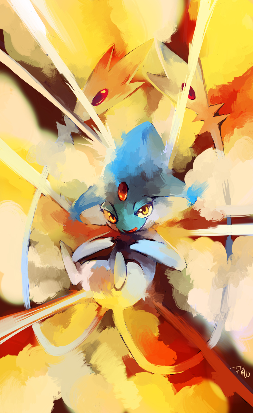 absurdres azelf bad_deviantart_id bad_id blue_skin colored_skin commentary english_commentary explosion explosion_(pokemon) floating full_body glitchedpuppet highres looking_at_viewer no_humans pokemon pokemon_(creature) pokemon_move signature smile solo yellow_eyes