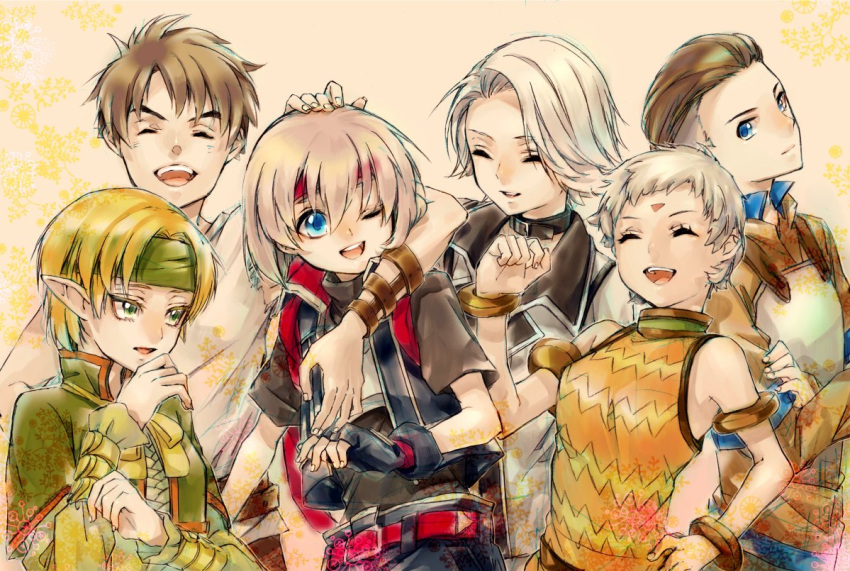 2girls 4boys :d armlet armor blonde_hair blue_eyes bracelet brown_hair choker closed_eyes commentary_request crossed_arms elf facial_mark fingerless_gloves forehead_mark gensou_suikoden gensou_suikoden_iv gloves green_eyes grey_hair hand_on_head hand_on_own_hip headband ichiko_milk_tei jewel_(suikoden) jewelry keneth_(suikoden) laughing lazlo_(suikoden) multiple_boys multiple_girls one_eye_closed open_mouth paula_(suikoden) pointy_ears short_hair smile snowe_vingerhut tal_(suikoden) vest white_hair