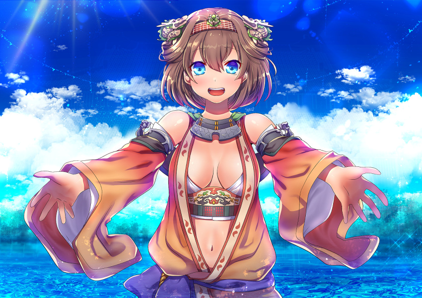 :d bare_shoulders blue_eyes blue_sky breasts brown_hair commentary_request dark-skinned_female dark_skin day detached_sleeves female large_breasts looking_at_viewer navel open_clothes open_mouth orange_sleeves oshiro_project:re outstretched_arms short_hair shuri_(oshiro_project) sky smile solo spread_arms suou_sakura upper_body