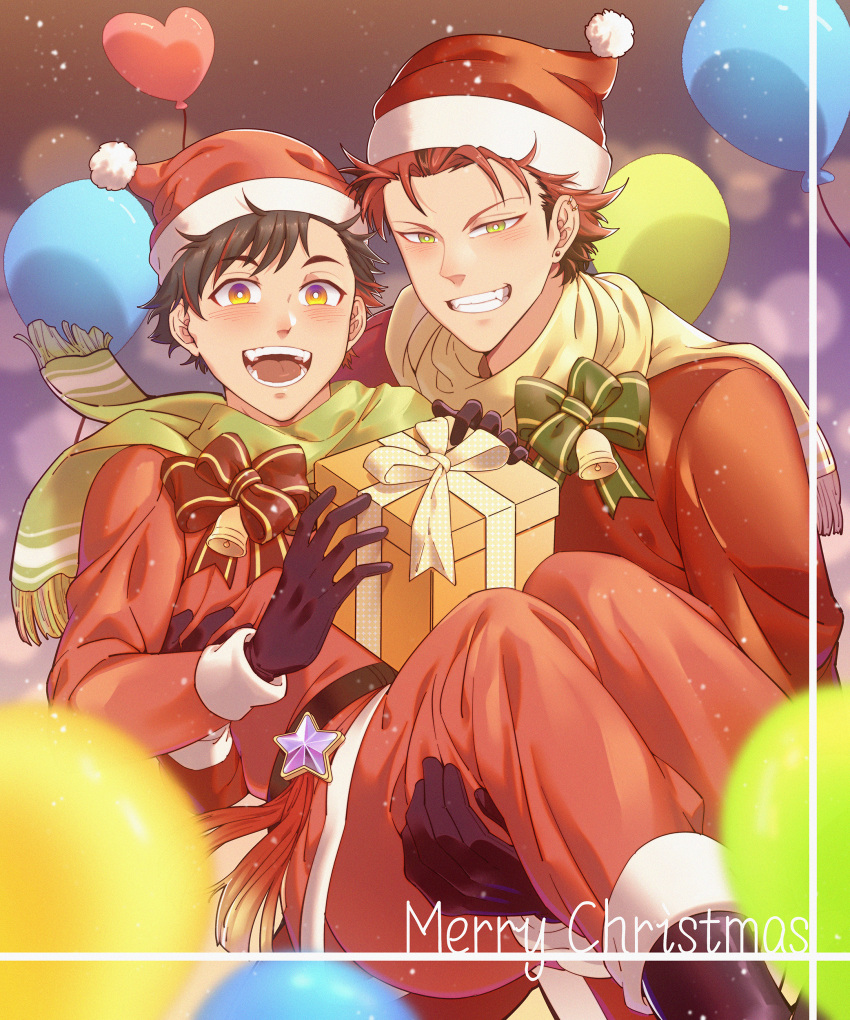 2boys absurdres balloon black_gloves black_hair blush boots box carrying christmas couple earrings ensemble_stars! gift gift_box gloves green_eyes green_scarf hat heart_balloon highres holding holding_gift jacket jewelry kiryuu_kurou looking_at_viewer male_focus merry_christmas multicolored_hair multiple_boys nagumo_tetora neko_punch open_mouth pants princess_carry red_hair red_jacket red_pants santa_boots santa_costume santa_hat scarf short_hair smile streaked_hair teeth two-tone_hair yaoi yellow_eyes yellow_scarf