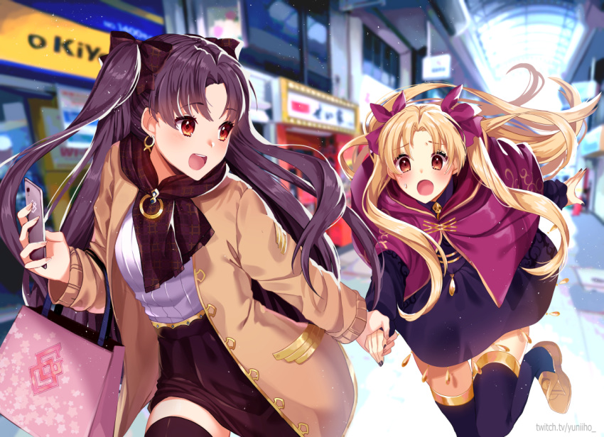 2girls :d :o alternate_costume bag black_bow black_dress black_hair black_nails black_scarf black_skirt black_thighhighs blonde_hair blush bow breasts brown_coat brown_eyes capelet cellphone chaldea_logo clip_studio_paint_(medium) coat dress earrings english_commentary ereshkigal_(fate) fate/grand_order fate_(series) gold_footwear hairbow hand_grab holding holding_bag holding_phone ishtar_(fate) jewelry leaning_forward leg_up long_hair long_sleeves looking_at_another looking_back mall mixed-language_commentary multiple_girls nail_polish open_clothes open_coat open_mouth parted_bangs phone purple_bow purple_capelet red_eyes running scarf shirt shopping_bag siblings sisters skirt small_breasts smile sweat teeth thigh_gap thighhighs twitch_username two_side_up unmoving_pattern upper_teeth_only very_long_hair white_shirt yuniiho zettai_ryouiki