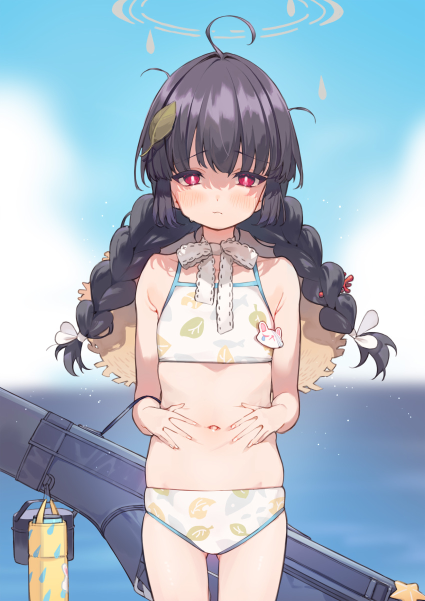 ahoge amana_(pocketkey) bikini black_hair blue_archive blurry blurry_background blush bottle braid closed_mouth day female flat_chest hair_ribbon halo hat hat_around_neck highres leaf leaf_on_head leaf_print long_hair looking_at_viewer messy_hair miyu_(blue_archive) miyu_(swimsuit)_(blue_archive) navel outdoors red_eyes ribbon solo straw_hat sweat swimsuit twin_braids water white_ribbon