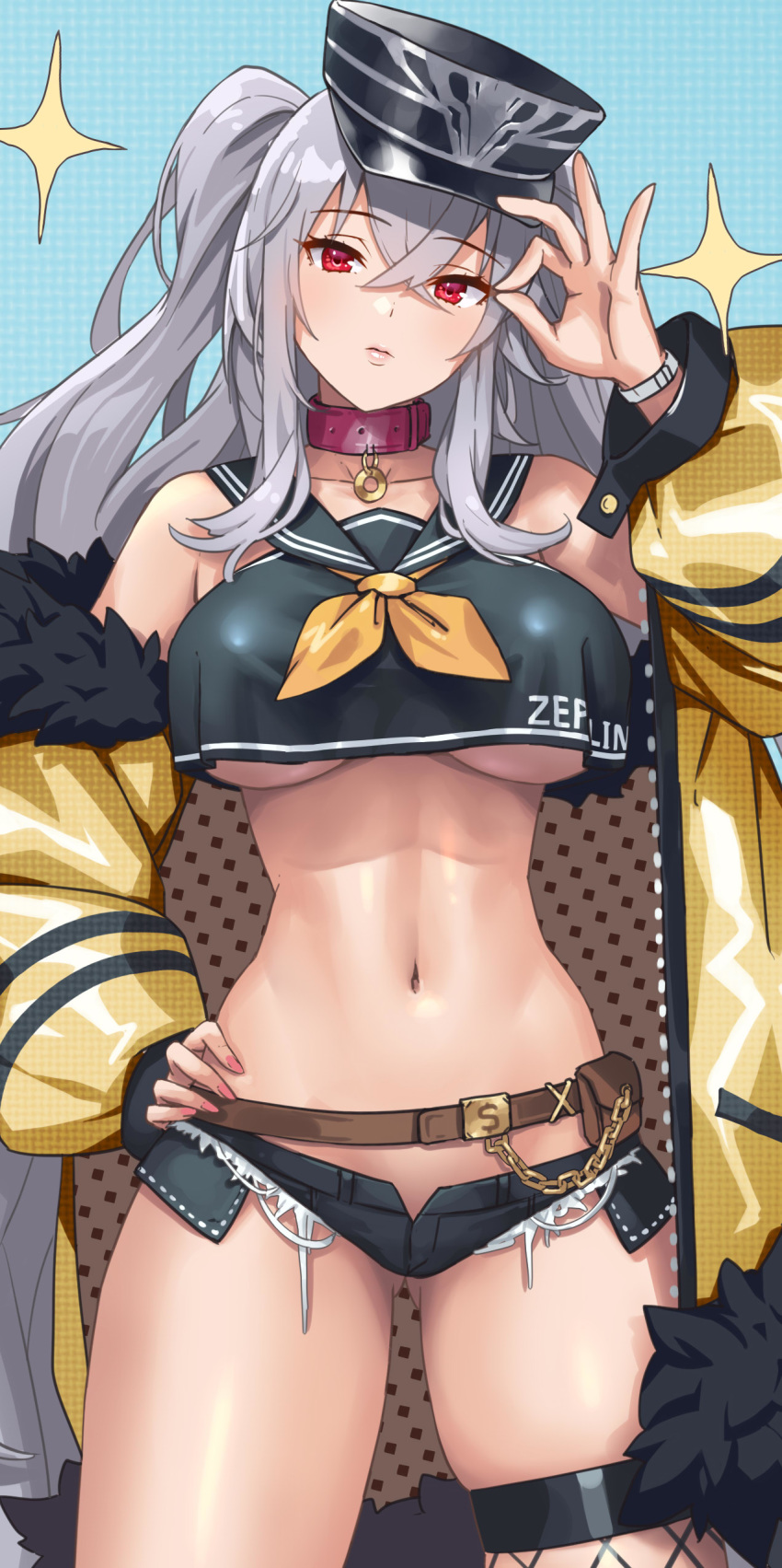 absurdres alternate_costume azur_lane bache_(azur_lane) bache_(azur_lane)_(cosplay) bandaid bandaid_on_knee bandaid_on_leg bare_shoulders belt black_footwear black_hat black_sailor_collar black_shirt black_shorts bracelet breasts brown_belt character_name closed_mouth collar collarbone commentary_request cosplay cowboy_shot crop_top crop_top_overhang cropped crossed_bangs cuboon english_text female fishnet_thighhighs fishnets fur-trimmed_jacket fur_trim graf_zeppelin_(azur_lane) grey_hair hair_between_eyes hand_on_own_hip hand_up hat head_tilt highres jacket jewelry large_breasts long_hair looking_at_viewer micro_shorts money_gesture navel neckerchief off_shoulder patterned patterned_clothing peaked_cap photoshop_(medium) pink_collar pink_nails pouch red_eyes sailor_collar shirt shorts single_thighhigh sleeveless sleeveless_shirt solo sparkle standing thighhighs two_side_up underboob very_long_hair yellow_jacket yellow_neckerchief zipper