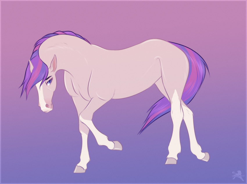 2023 ambiguous_gender blue_eyes digital_drawing_(artwork) digital_media_(artwork) equid equine eyebrows facial_markings feral fluffymare full-length_portrait gradient_background hair head_markings hi_res hooves horse looking_at_viewer mammal mane markings multicolored_body multicolored_hair multicolored_tail portrait quadruped raised_leg simple_background solo sophistique_(dream_merchant) tail two_tone_body