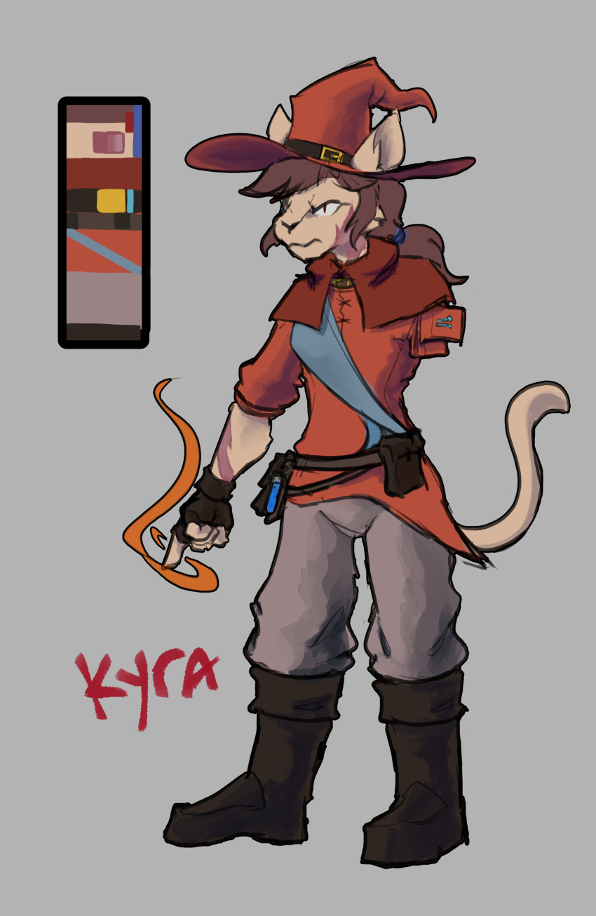 absurd_res amputee anthro belt belt_pouch boots burn_scar clothing color_swatch disability domestic_cat felid feline felis female footwear hair hat headgear headwear hi_res kyra_(revertigo) magic_user mammal model_sheet ponytail revertigo scar solo witch witch_hat