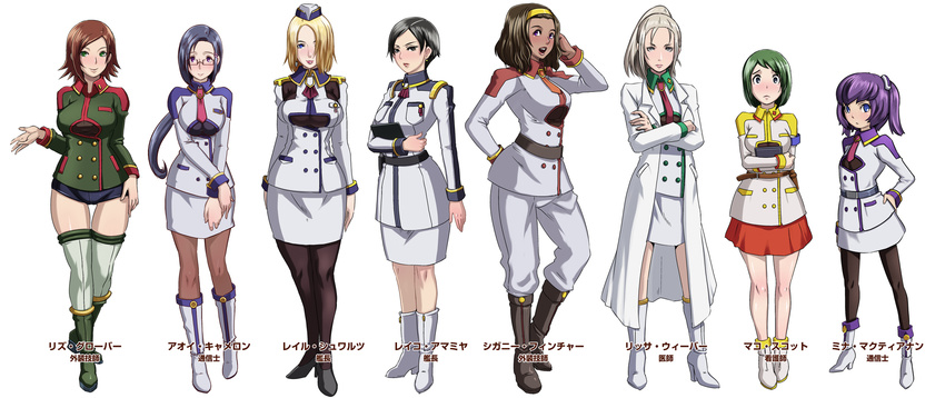 6+girls :< :d adjusting_hair ankle_boots aoi_cameron armband ascot bad_id belt black_eyes black_hair black_legwear blonde_hair blue_eyes blue_hair blush boots breasts breasts_squeezed_together brown_hair brown_legwear butcha-u buttons character_name clipboard crossed_arms crossed_legs curvy dark-skinned_female dark_skin doctor earrings flat_chest garrison_cap glasses green_eyes green_hair green_legwear grey_eyes grey_hair hair_ornament hair_over_one_eye hairband hairclip hand_on_own_hip hat height_difference high_collar high_heels highres holding injuu_kangoku jewelry knee_boots kneehighs lab_coat large_breasts light_smile lineup lipstick lissa_weaver liz_glover long_hair looking_at_viewer makeup mako_scott mature_female mina_mctiernan miniskirt mole mole_under_eye multiple_girls necktie nurse official_art open_clothes open_mouth outstretched_hand pants pantyhose pencil_skirt photoshop_(medium) pleated_skirt ponytail purple_eyes purple_hair rail_schwartz reiko_amamiya semi-rimless_eyewear shoes short_hair short_shorts short_twintails shorts sigourney_fincher simple_background skirt smile socks spiked_hair standing swept_bangs thigh_gap thighhighs translated twintails under-rim_eyewear uniform v_arms white_background wide_hips