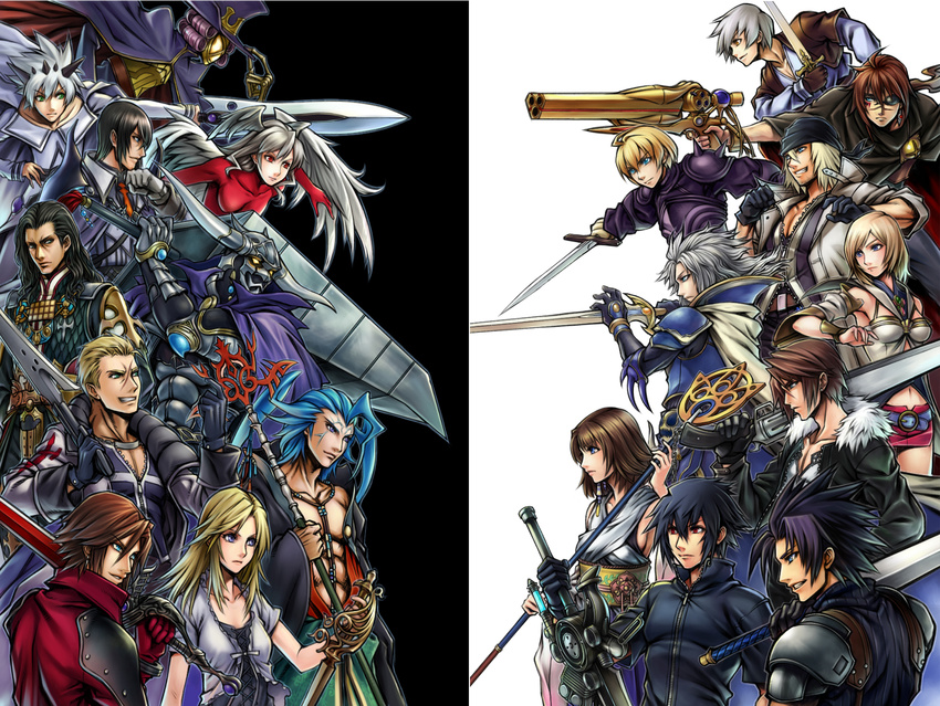 aqua_eyes armor ashelia_b'nargin_dalmasca bandana bandana black_hair blonde_hair blue_eyes blue_hair brown_hair cape chaos_(hikari_no_4_senshi) cid_raines crisis_core_final_fantasy_vii dissidia_final_fantasy eyepatch final_fantasy final_fantasy_i final_fantasy_tactics final_fantasy_unlimited final_fantasy_versus_xiii final_fantasy_vii final_fantasy_viii final_fantasy_x final_fantasy_xii final_fantasy_xiii final_fantasy_xv garland_(ff1) genesis_rhapsodos gloves gun gunblade hat head_wings highres hikari_no_4_senshi irie japanese_clothes kuroki_kaze long_hair miniskirt noctis_lucis_caelum parody purple_hair ramza_beoulve red_eyes seifer_almasy seymour_guado shiroi_kumo short_hair silver_hair skirt snow_villiers squall_leonhart staff stella_nox_fleuret style_parody sword ultima_(fft) vayne_carudas_solidor warrior_of_light weapon white_hair wings wingsarmor yuna zack_fair