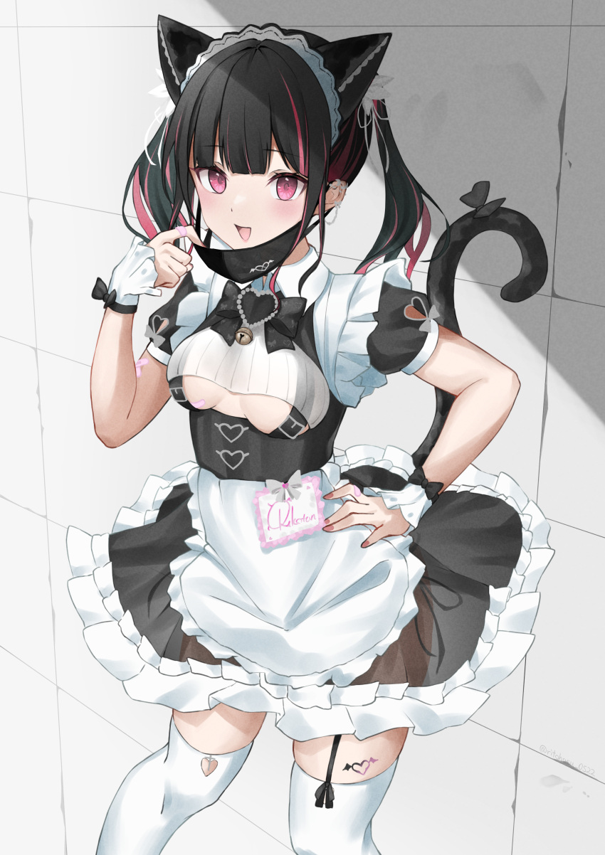 absurdres animal_ears apron bandaid bandaid_on_hand black_hair black_mask black_skirt blunt_bangs bow cat_ears cat_tail choppy_bangs collared_shirt contrapposto ear_chain ear_covers ear_piercing fake_animal_ears female fingernails framed_breasts frilled_skirt frills garter_straps hand_on_own_hip highres indie_virtual_youtuber looking_at_viewer maid maid_headdress mask mask_pull medium_hair miniskirt mouth_mask multicolored_hair multiple_piercings nail_polish name_tag official_alternate_costume open_mouth pasties piercing pink_eyes pink_hair red_nails rikotan_(vtuber) rikotan_(vtuber)_(2nd_costume) ritohasu_0522 see-through see-through_silhouette see-through_skirt shirt simple_background single_garter_strap skindentation skirt solo streaked_hair tail tail_bow tail_ornament twintails underbust undershirt virtual_youtuber waist_apron white_apron wolf_tail wrist_cuffs