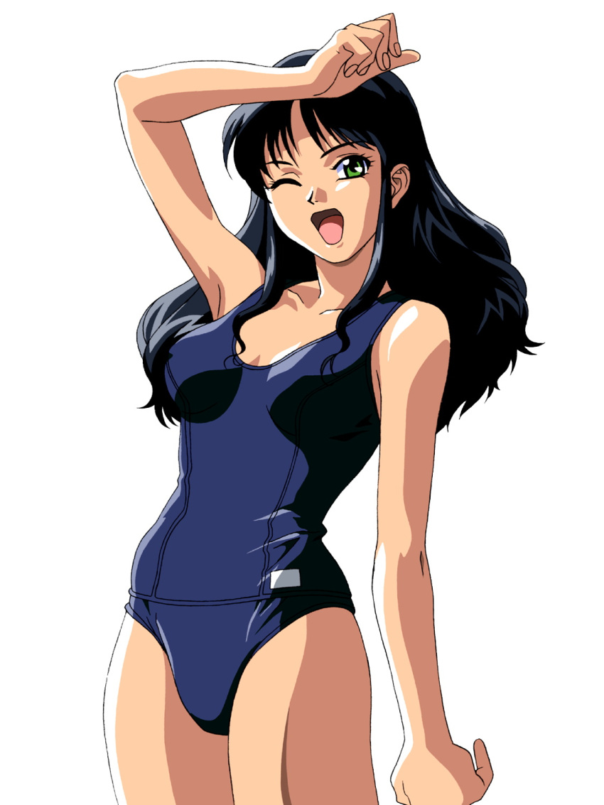 arm_up black_hair blue_one-piece_swimsuit breasts cowboy_shot female green_eyes highres kubo_naoko long_hair looking_at_viewer non-web_source official_art one-piece_swimsuit one_eye_closed photoshop_(medium) school_swimsuit simple_background solo swimsuit white_background yamada_masaki zenkoku_seifuku_bishoujo_grand_prix