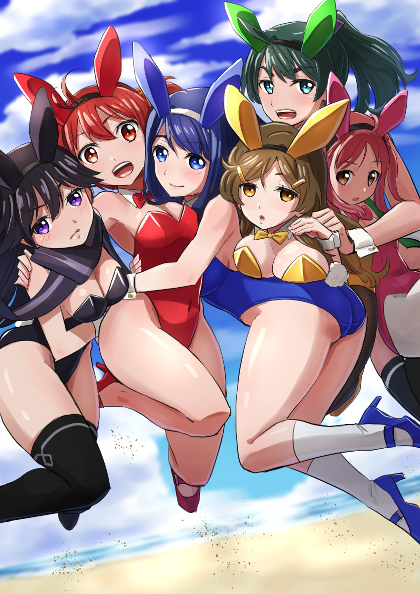 absurdres animal_ears anniversary aqua_eyes bare_legs black_hair black_leotard black_thighhighs blue_eyes blue_hair blue_leotard blue_sky bow bowtie brown_eyes brown_hair cloud detached_collar fake_animal_ears futaba_aoi_(vividred_operation) green_hair hair_ornament hair_scrunchie hasegawa_(hase_popopo) highleg highres hug isshiki_akane isshiki_momo kuroki_rei leotard multiple_girls orange_eyes orange_scrunchie pantyhose pink_hair pink_leotard playboy_bunny purple_eyes purple_scarf rabbit_ears rabbit_tail red_bow red_bowtie red_hair red_leotard saegusa_wakaba scarf scrunchie shinomiya_himawari short_hair sky socks strapless strapless_leotard tail thighhighs twintails vividred_operation white_pantyhose white_socks wrist_cuffs yellow_bow yellow_bowtie yellow_leotard