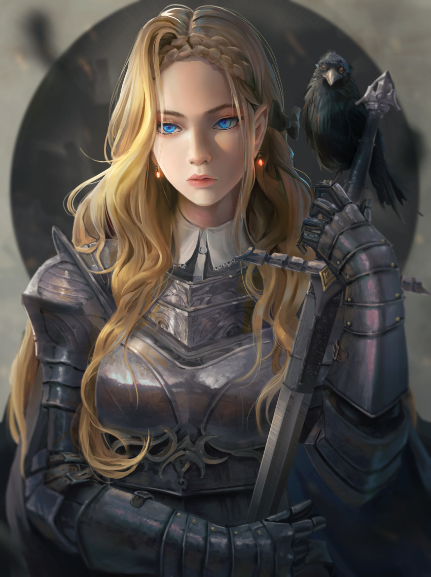 absurdres armor bird bird_on_hand blonde_hair blue_eyes bow braid breastplate breasts commentary crow crown_braid earrings english_commentary expressionless female gauntlets hairbow highres holding holding_sword holding_weapon jewelry knight lips long_hair original pauldrons photoshop_(medium) pointy_ears rayxray shoulder_armor solo sword upper_body wavy_hair weapon