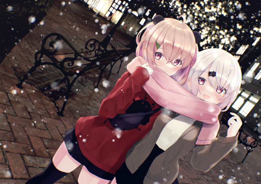 2girls :d ahoge animal_ears bench black_legwear black_skirt blush breasts breath brown_hair brown_jacket closed_mouth commentary_request drawstring dutch_angle fanny_pack fringe_trim grey_hair hair_between_eyes hair_ornament hairclip herringbone highres jacket lamppost medium_breasts multicolored_hair multiple_girls night nijisanji open_clothes open_jacket outdoors panda_ears pavement purple_hair red_sweater rupe_paperu sasaki_saku scarf shared_clothes shared_scarf shiina_yuika shirt skirt sleeves_past_wrists smile snowing streaked_hair sweater thighhighs virtual_youtuber white_hair white_shirt