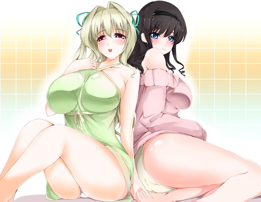 2girls amagami bad_id bad_pixiv_id bare_shoulders black_hair blonde_hair blue_hair breasts huge_breasts large_breasts long_hair looking_at_viewer minamon_(vittel221) morishima_haruka morishima_jessica multiple_girls panties red_eyes smile underwear