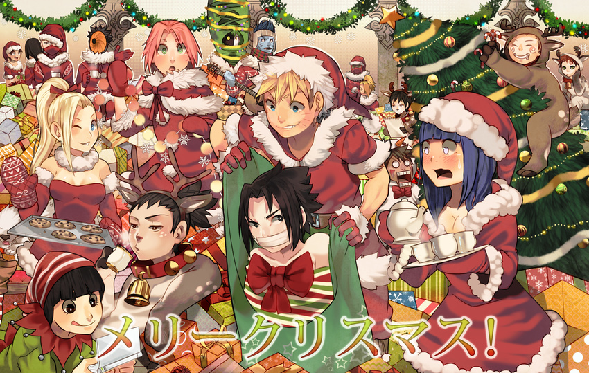 6+boys akatsuki_(naruto) akimichi_chouji antlers bell black_eyes black_hair blonde_hair blue_eyes blue_hair book bow box candy candy_cane character_request christmas christmas_tree cookie costume cup decorations deidara elbow everyone eyebrows fingers fishman food fur_trim gaara gag gift gift_box gills gloves guitar hair_over_one_eye hair_tie half_mask hands hat hatake_kakashi hoshigaki_kisame hyuuga_hinata hyuuga_neji ino_yamanaka instrument inuzuka_kiba kanji kettle killer_bee long_hair looking_at_viewer mask multiple_boys multiple_girls nara_shikamaru naruto naruto_shippuuden nintendo_ds one_eye_closed open_mouth pink_hair ponytail purple_eyes red_dress red_hair reindeer_costume rock_lee sai sakura_haruno saliva santa_hat short_hair spiked_hair tape_gag teeth tenten tobi translation_request tray uchiha_obito uchiha_sasuke uzucake uzumaki_naruto wink wrapped zetsu