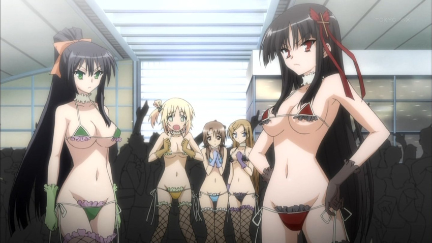 angry bikini black_gloves blonde_hair brown_hair cross frustrated g_string_bikini green_gloves hands_on_hips hoshikawa_kirara kore_wa_zombie_desu_ka? long_hair looking_at_viewer mizugi pink_bow ponytail red_bow saraswati_(kore_wa_zombie_desu_ka?) seraphim_(kore_wa_zombie_desu_ka?) side_tail surprised yoshida_yuki