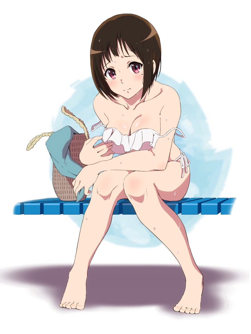 absurdres bare_shoulders bent_over bikini blush breasts brown_eyes brown_hair cleavage female frilled_bikini frills full_body hibike!_euphonium highres hugimosi large_breasts looking_at_viewer medium_hair mole mole_under_eye nakaseko_kaori side-tie_bikini_bottom sitting solo swimsuit white_bikini