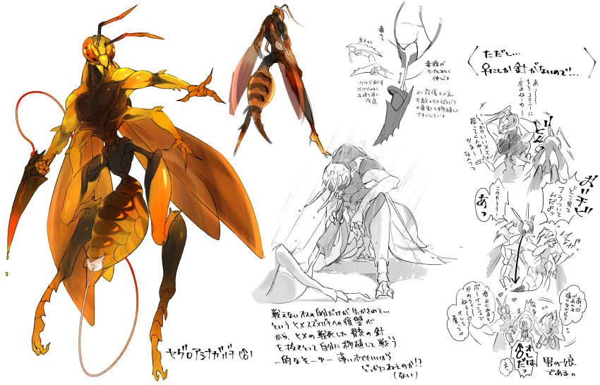 4_arms absurd_res antennae_(anatomy) anthro arthropod arthropod_abdomen compound_eyes de_ktgr exoskeleton hi_res hornet hymenopteran insect_wings insects japanese_text male mandibles model_sheet multi_arm multi_limb multiple_poses pecs pose simple_background stinger_(anatomy) striped_abdomen stripes tail text unavailable_at_source vespid wasp weapon_tail white_background wings