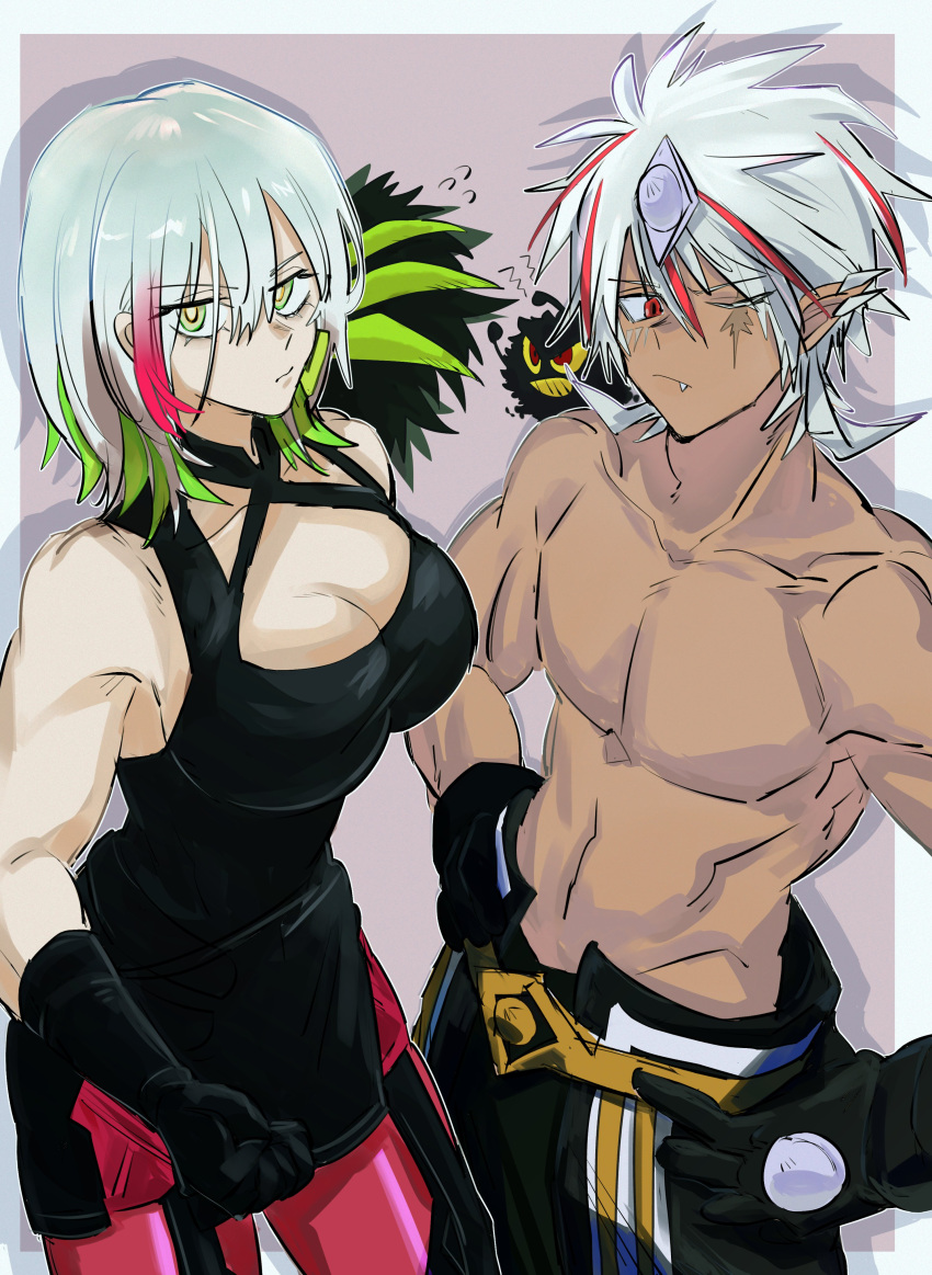 1boy absurdres albaz_(yu-gi-oh!) bare_shoulders black_dress black_gloves breasts cleavage collarbone cowboy_shot dark-skinned_male dark_skin diabellstar_the_black_witch dress duel_monster female gloves green_eyes green_hair grey_hair highres large_breasts looking_at_viewer medium_hair multicolored_hair muscular muscular_female muscular_male navel oerba_yun_fang one_eye_closed pantyhose r42r98r red_eyes red_hair red_pantyhose scar scar_across_eye short_hair spiked_hair streaked_hair topless_male trait_connection two-tone_hair yu-gi-oh!