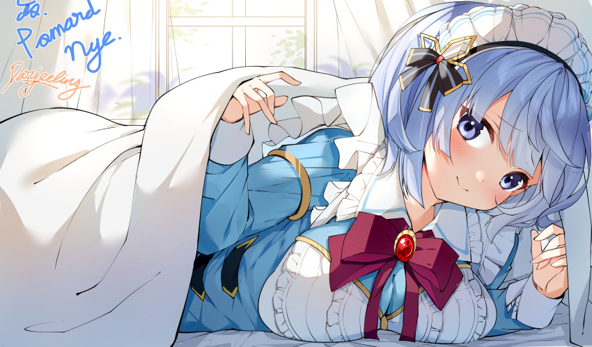 absurdres bed bed_sheet blanket blue_dress blue_eyes blue_hair blush breasts closed_mouth commission commissioner_name curtains darjeeling_(reley) dress female flower_knight_girl frills hair_ornament headdress highres ipheion_(flower_knight_girl) looking_at_viewer lying maid_headdress medium_breasts on_stomach second-party_source short_hair signature skeb_commission solo under_covers white_headdress window