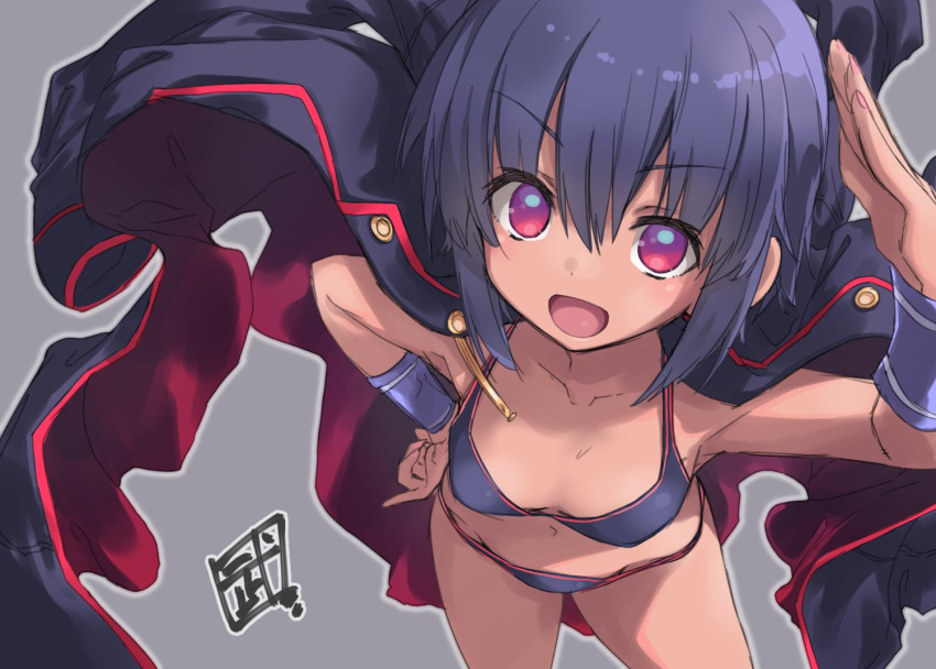 :d bikini black_jacket blue_bikini blue_hair breasts collarbone cowboy_shot dark-skinned_female dark_skin downblouse female floating_clothes grey_background hands_on_own_hips jacket jacket_on_shoulders looking_at_viewer navel open_mouth original red_eyes salute signature small_breasts smile solo swimsuit take_shinobu wrist_cuffs