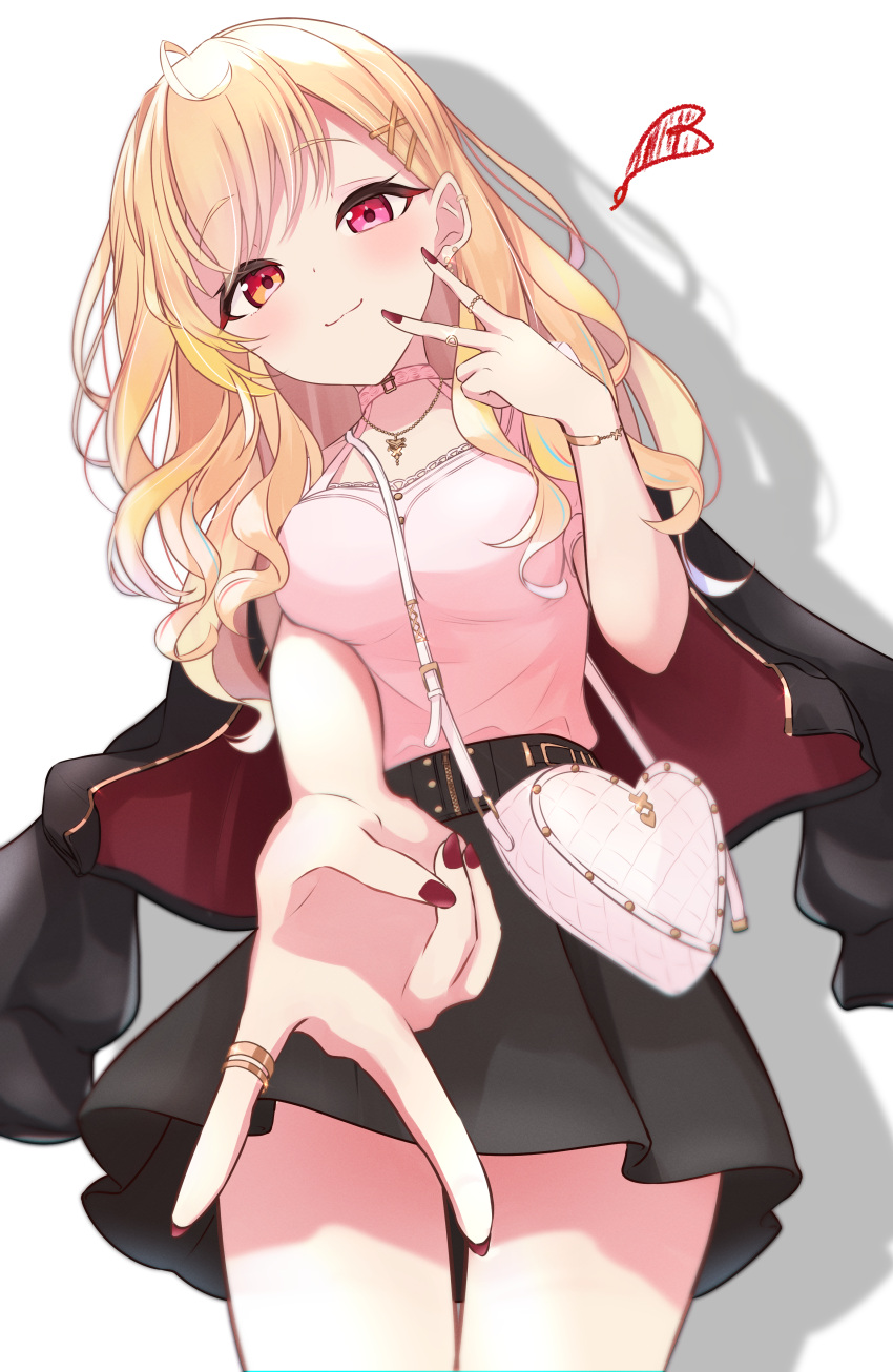 absurdres bag belt black_belt black_jacket black_skirt blonde_hair bracelet breasts collar commentary_request double_v female foreshortening gradient_hair gyaru_v hair_ornament handbag heart heart-shaped_bag heterochromia highres hoshikawa_sara hoshikawa_sara_(8th_costume) jacket jacket_on_shoulders jewelry jirai_kei lace-trimmed_shirt lace_trim light_smile long_hair looking_at_viewer medium_breasts miniskirt multicolored_hair necklace nijisanji nishiki_yuno pink_collar pink_shirt pleated_skirt red_eyes red_nails ring shirt short_sleeves skirt solo streaked_hair v virtual_youtuber white_background x_hair_ornament yellow_eyes zipper