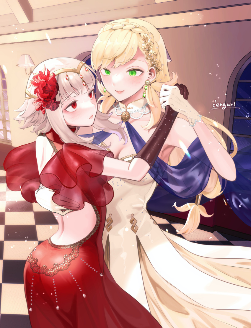 2girls absurdres alternate_costume armpits ass back ballroom bare_back blonde_hair breasts circlet cleavage commission dancing dress earrings elbow_gloves fire_emblem fire_emblem_heroes flower gloves green_eyes grey_hair hair_flower hair_ornament half_gloves hand_on_another's_back highres holding_hands jewelry light_particles lipstick long_hair looking_at_another makeup multiple_girls official_alternate_hairstyle red_dress red_eyes sakuramotikun second-party_source sharena_(fire_emblem) shawl short_hair short_hair_with_long_locks signature skeb_commission tareme veronica_(fire_emblem) veronica_(princess_rising)_(fire_emblem)