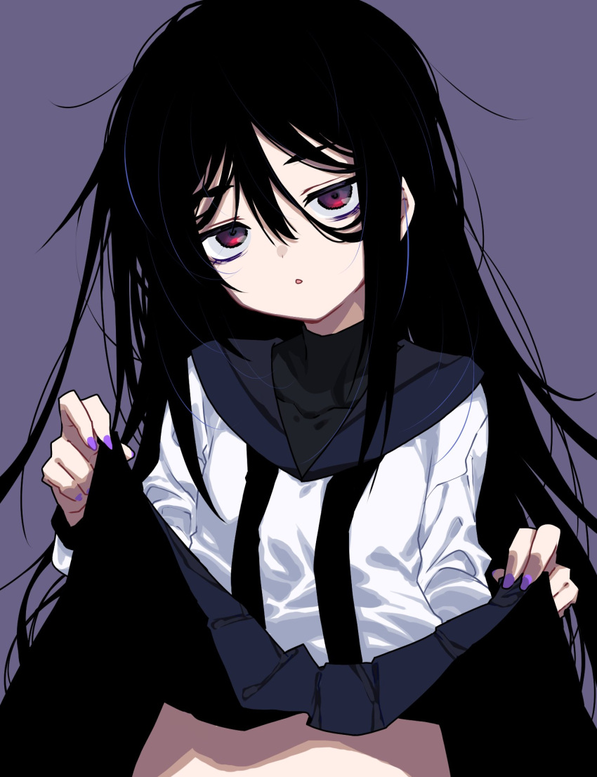 bags_under_eyes black_hair bodystocking chestnut_mouth clothes_lift covered_collarbone female hair_between_eyes highres lifting_own_clothes long_hair messy_hair nail_polish neckerchief original out-of-frame_censoring pleated_skirt purple_nails red_eyes school_uniform serafuku shirt skirt skirt_lift solo take_shinobu undone_neckerchief upper_body very_long_hair white_shirt