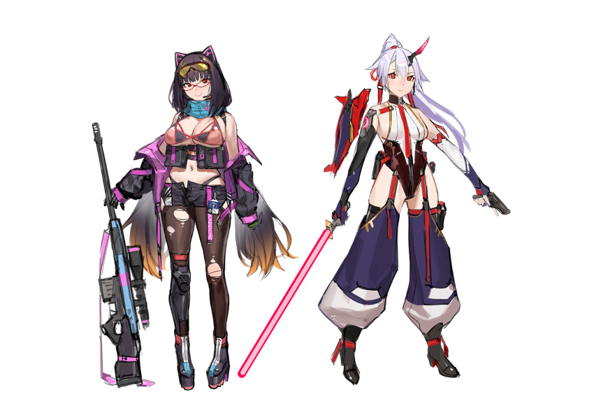 2girls animal_ear_headwear animal_ears beam_saber black_gloves black_shorts black_thighhighs breasts brown_hair cleavage concept_art elbow_gloves fake_animal_ears fate/grand_order fate_(series) glasses gloves goggles goggles_on_head gun highleg highleg_leotard highleg_panties holding holding_gun holding_sword holding_weapon horns jacket kare_huang large_breasts leotard long_hair low_twintails medium_breasts multiple_girls off_shoulder official_art osakabehime_(fate) osakabehime_(swimsuit_archer)_(fate) osakabehime_(swimsuit_archer)_(second_ascension)_(fate) panties ponytail red-framed_eyewear red_eyes shorts single_horn smile sword thighhighs tomoe_gozen_(fate) torn_clothes torn_thighhighs twintails underwear weapon white_hair