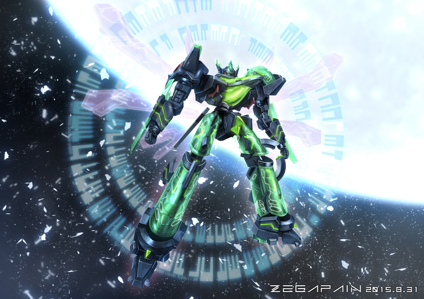 arm_blade clenched_hands copyright_name dated energy_wings floating green_eyes highres looking_at_viewer mecha no_humans planet robot science_fiction solo space weapon yoshinobuta zegapain zegapain_altair