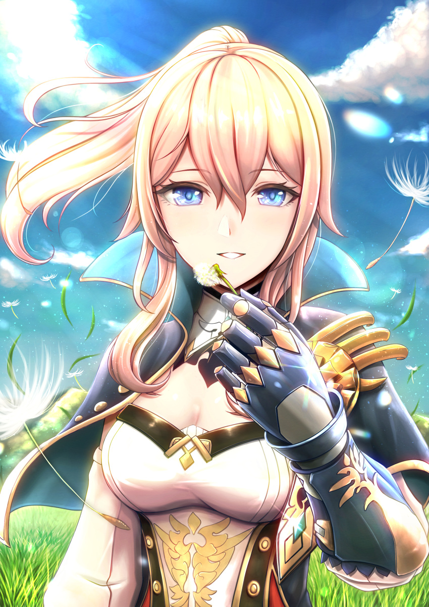 absurdres arm_at_side blonde_hair blue_capelet blue_eyes blue_gloves blue_sky breasts capelet cleavage cloud commentary_request corset dandelion day dead_angels detached_sleeves female flower genshin_impact gloves grass hair_between_eyes hand_up highres jean_(genshin_impact) long_hair long_sleeves looking_at_viewer medium_breasts outdoors parted_lips ponytail sidelocks sky smile solo strapless upper_body