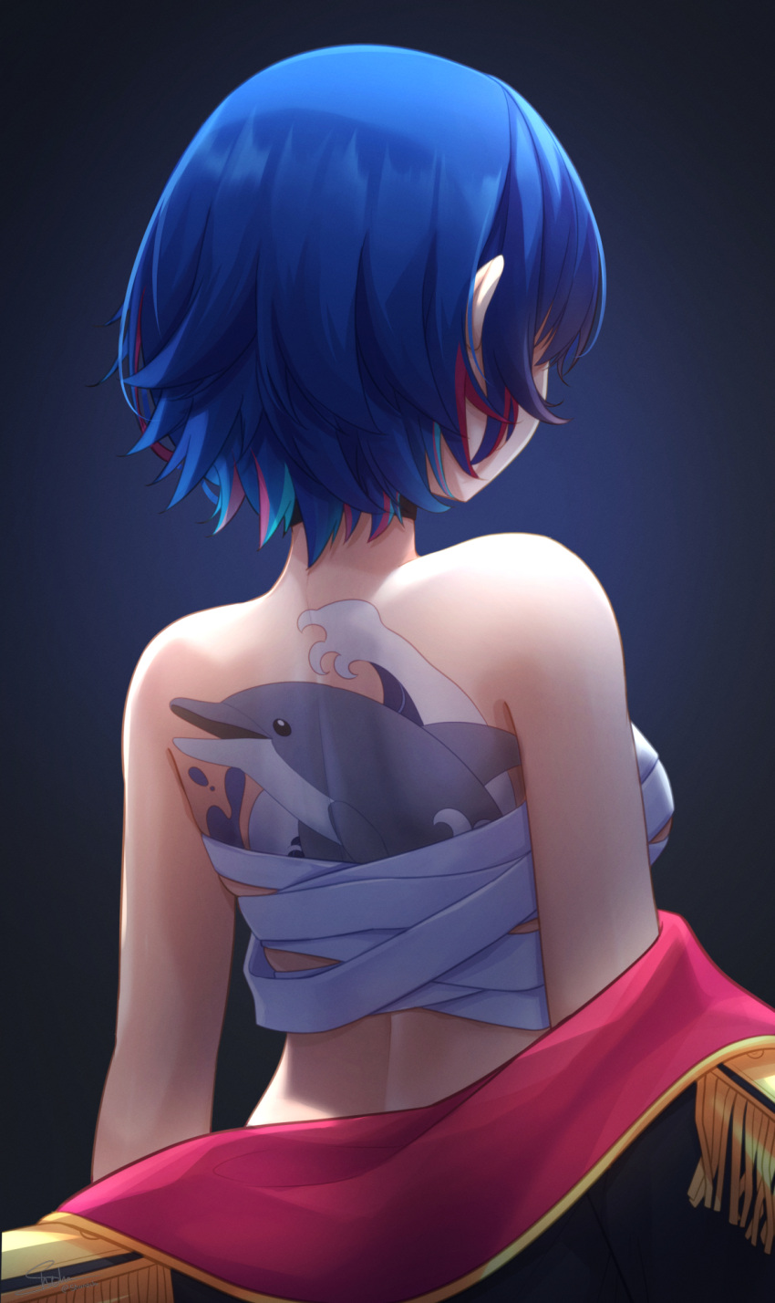 back back_focus blue_hair breasts chest_sarashi colored_tips epaulettes female from_behind highres jacket medium_breasts military_jacket multicolored_hair nijisanji nishizono_chigusa red_hair sarashi shiinochi short_hair solo tattoo upper_body virtual_youtuber