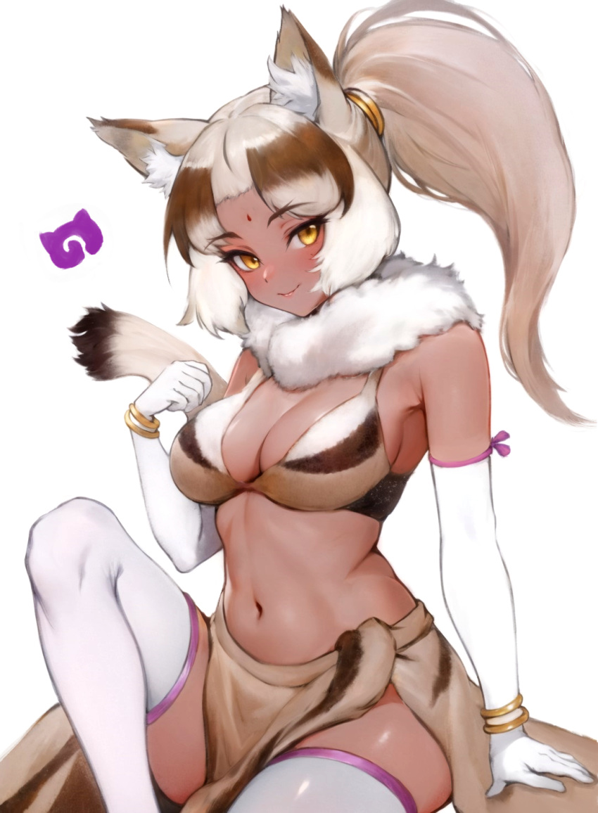 animal_ears bindi blush breasts brown_hair cleavage closed_mouth commentary dark-skinned_female dark_skin elbow_gloves female fur_collar gloves high_ponytail highres indian_wolf_(kemono_friends) jack4l japari_symbol kemono_friends kemono_friends_3 large_breasts long_hair looking_at_viewer multicolored_hair navel smile solo symbol-only_commentary tail thighhighs white_hair wolf_ears wolf_girl yellow_eyes