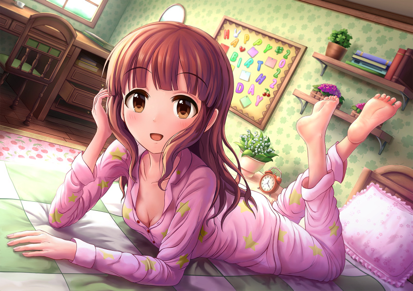 barefoot blush breasts brown_eyes brown_hair cleavage female full_body hair_down highres idolmaster idolmaster_cinderella_girls idolmaster_cinderella_girls_starlight_stage indoors looking_at_viewer lying ogata_chieri on_bed on_stomach open_mouth pajamas sleepwear small_breasts smile soles solmyr2000 solo the_pose toes