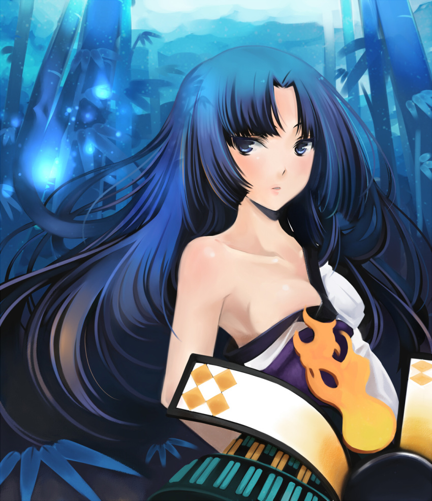 armor bamboo bamboo_forest bare_shoulders blue_eyes blue_hair blue_theme breasts cleavage collarbone commentary_request female forest hadanugi_dousa helmet highres japanese_clothes kimono kotetsu_motoya long_hair looking_away medium_breasts nature oboro_muramasa open_clothes open_kimono solo torahime