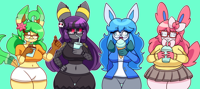 2024 absurd_res annyglaceon_(mintyspirit) anthro beverage big_breasts black_eyes blue_hair blue_sclera bottomwear breasts brown_sclera candy chocolate clothing dessert digital_media_(artwork) eating eeveelution eyewear female food generation_2_pokemon generation_4_pokemon generation_6_pokemon glaceon glasses gracidea gracidea_flower green_hair group hair happy hi_res holding_candy holding_chocolate holding_food holding_ice_cream holding_milkshake holding_object holding_soda ice_cream javisylveon_(mintyspirit) leafeon luneiumbreon_(mintyspirit) milkshake mint_chocolate mintyspirit nerd nintendo pink_hair pokemon pokemon_(species) purple_hair red_sclera skirt slightly_chubby smile soda sunnyleafeon_(mintyspirit) sweater sylveon thick_thighs topwear twintails umbreon white_eyes wide_hips