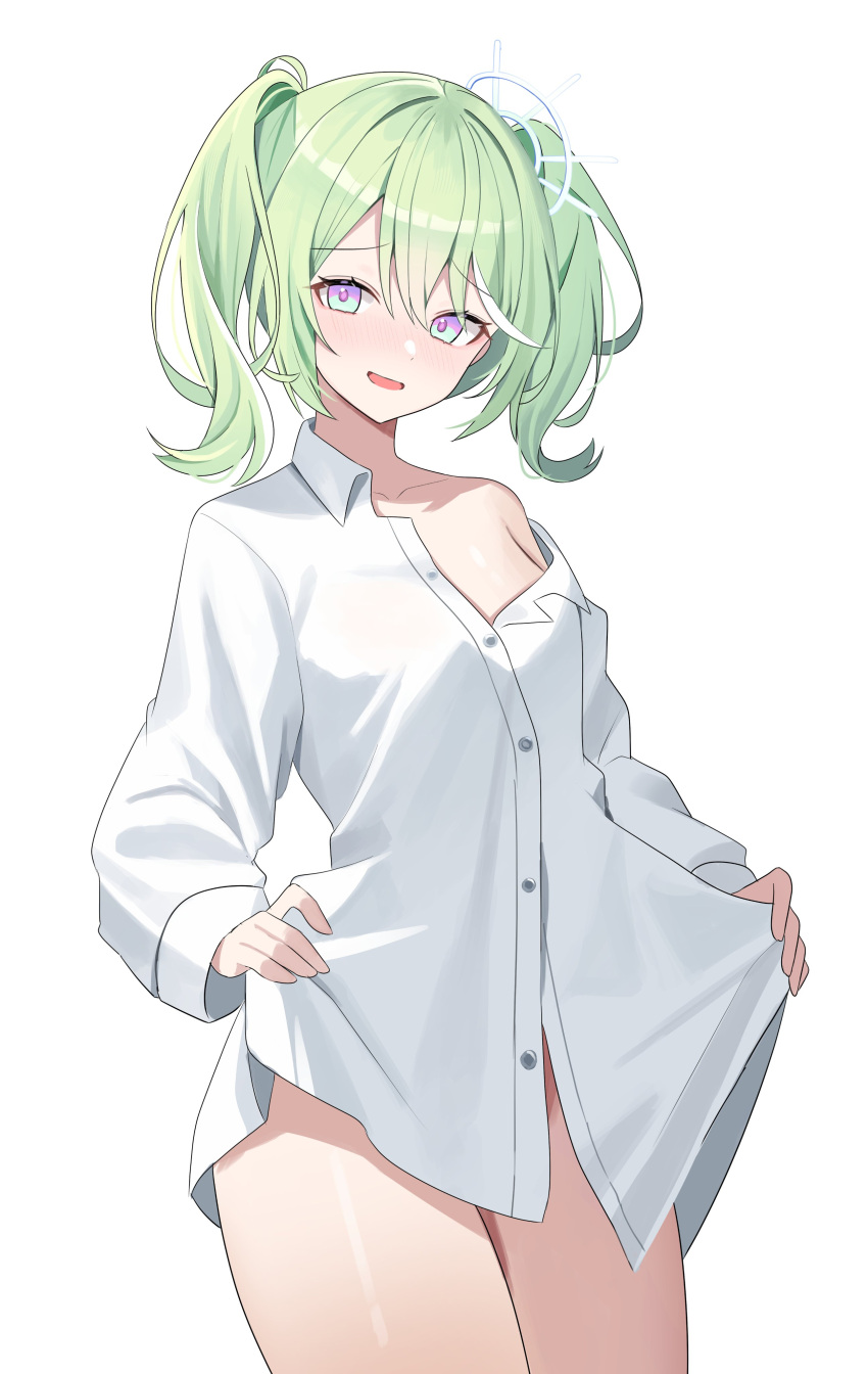 absurdres alternate_costume collarbone collared_shirt female green_hair hair_ornament highres looking_at_viewer multicolored_eyes naked_shirt nannung off_shoulder partially_unbuttoned shirt simple_background solo stellive thick_thighs thighs twintails two-tone_eyes white_background white_shirt yuzuha_riko