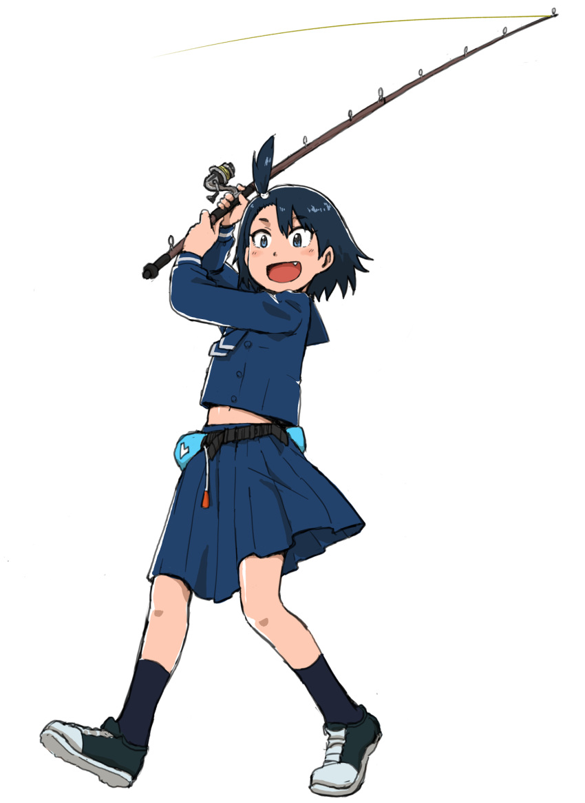 black_footwear black_hair black_socks blue_eyes blue_shirt blue_skirt female fishing_rod full_body highres hodaka_natsumi holding holding_fishing_rod houkago_teibou_nisshi long_sleeves midriff_peek naotan oerba_yun_fang one_side_up open_mouth pleated_skirt shirt short_hair simple_background skirt socks solo white_background