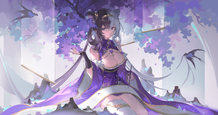 absurdres azur_lane bare_shoulders black_gloves blue_eyes breasts chinese_commentary cleavage cleavage_cutout closed_mouth clothing_cutout cone_hair_bun crossed_bangs double_bun dress female fingerless_gloves gloves hair_bun hairband highres jewelry large_breasts long_hair looking_at_viewer multicolored_hair paintbrush purple_dress purple_hair scroll single_thighhigh solo split-color_hair thighhighs white_hair white_thighhighs wide_sleeves ying_swei_(azur_lane) yunouou10