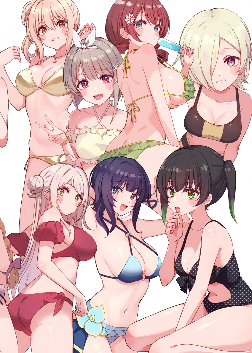 6+girls absurdres ahoge asaka_karin ass bikini black_bikini black_hair blonde_hair blue_bikini blue_eyes breasts brown_hair clothing_cutout comiket_104 commentary_request cream_(nipakupa) drill_hair emma_verde flower food gold_bikini green_bikini green_eyes grin hair_flower hair_ornament hair_over_one_eye hair_ribbon hairclip hand_in_own_hair hand_on_own_chin happy highres holding holding_food holding_popsicle huge_breasts jewelry konoe_kanata large_breasts long_hair looking_at_viewer love_live! love_live!_nijigasaki_high_school_idol_club medium_breasts medium_hair mia_taylor miyashita_ai multicolored_hair multiple_girls nakasu_kasumi navel necklace orange_eyes pink_hair popsicle purple_eyes red_bikini red_eyes ribbon short_hair side_ponytail sideboob small_breasts smile stomach_cutout swimsuit takasaki_yu twin_drills twintails two-tone_hair underboob v white_background yellow_eyes zhong_lanzhu